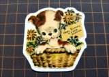 犬の花かご♪　レトロアニマル＊オリジナル・ダイカットステッカー　