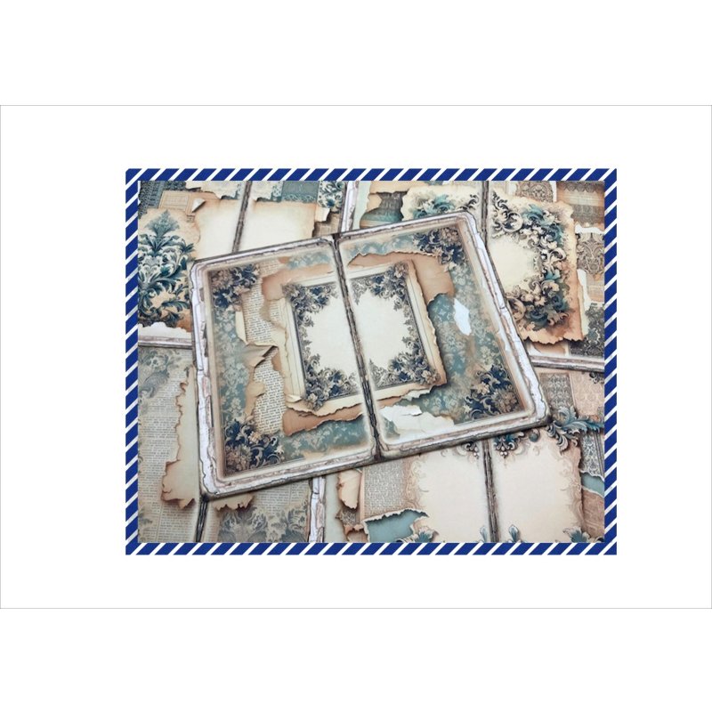 画像8: コラージュ＊台紙・ブルー＊ペーパーセット＊コラージュペーパー＊柄違い20枚＊オリジナル